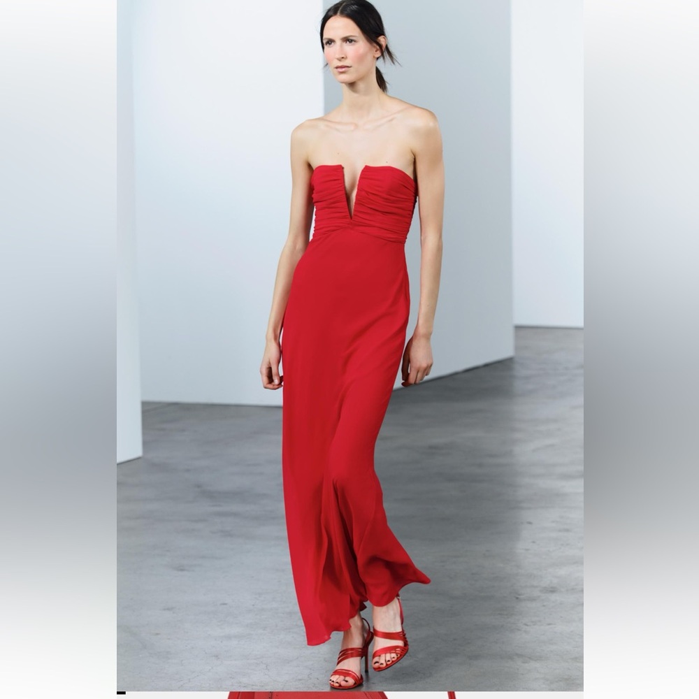 ZARA RED RUCHED STRAPLESS DRESS - Picture 8 of 16